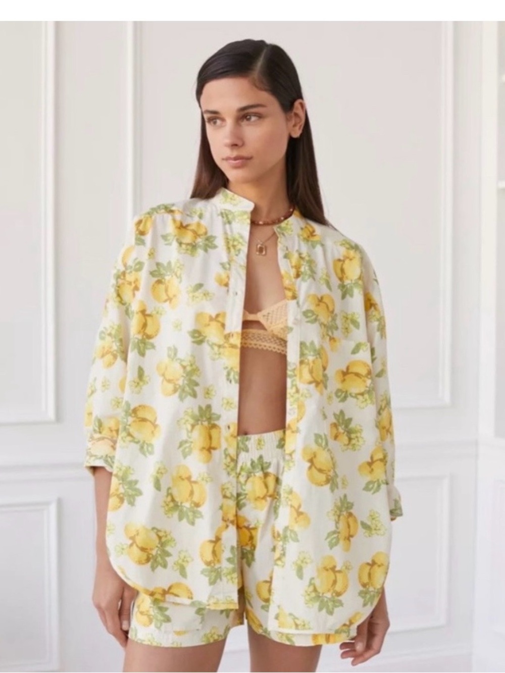 Urban Outfitters Out From Under Bailey Boyfriend Button-Down Shirt Lemon Print